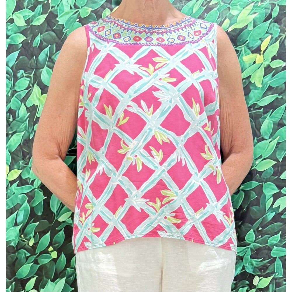 Lilly Pulitzer Iona Silk Shell Top Capri Pink Size Medium Gold Back Buttons - Picture 2 of 7
